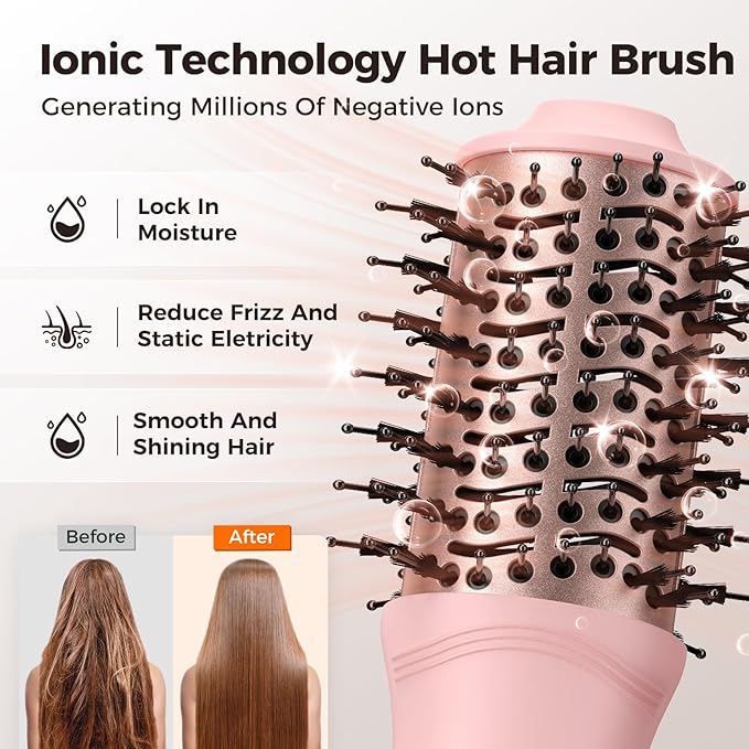 slopehill Mini Travel Dual Voltage Hair Dryer Brush,1000 Watts Hot Air Brush with European Plug, Ionic Hair Dryer and Styler for Women, Oval Barrel 2 Heat & 2 Speed for International Travel Pink