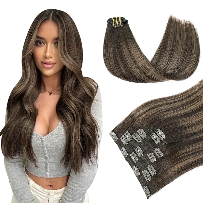 PINKPEARL Clip in Hair Extensions Human Hair Extensions, #2/6/2 Balayage Dark Brown to Chestnut Brown 120g 7pcs 18 Inch Real Human Hair Extensions Clip in Straight Remy Silky Weft(#2/6/2-18)