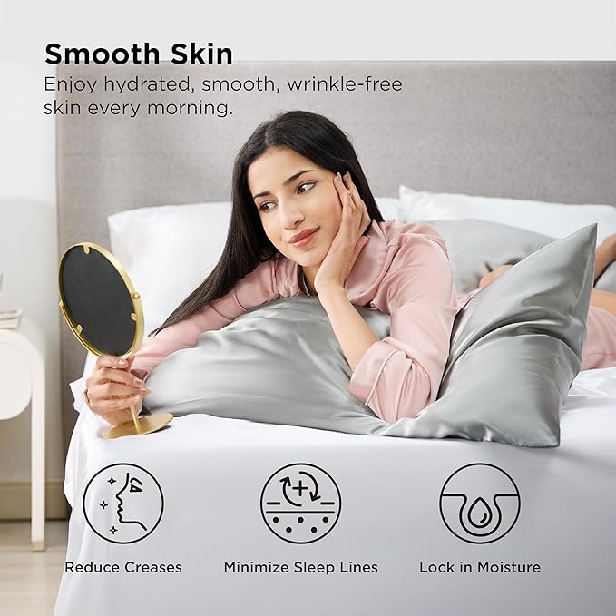 Bedsure Satin Pillowcase 2 Pack Similar to Silk Pillow Cases Standard Size, Pillow Case for Sleeping Women with Envelope Closure, Gifts for Women Men, Silver Grey, 20x26 Inches, 2pcs