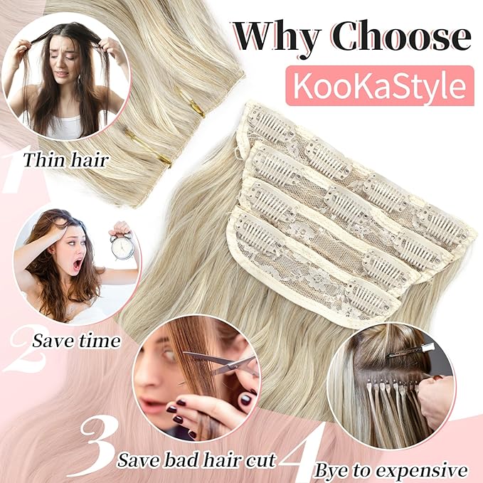 KooKaStyle Clip in Synthetic Hair Extensions Long Wavy 4PCS Thick Hairpieces Bleach Blonde mix Light Blonde Fiber Double Weft Natural Hair Extensions 20 Inch for Women