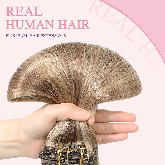 PINKPEARL Clip in Hair Extensions Real Human Hair #10/16/16 Golden Brown to Caramel Blonde Human Hair Clip in Hair Extensions 7pcs 120g 16inch Human Hair Extensios Clip ins(#10/16/16-16)