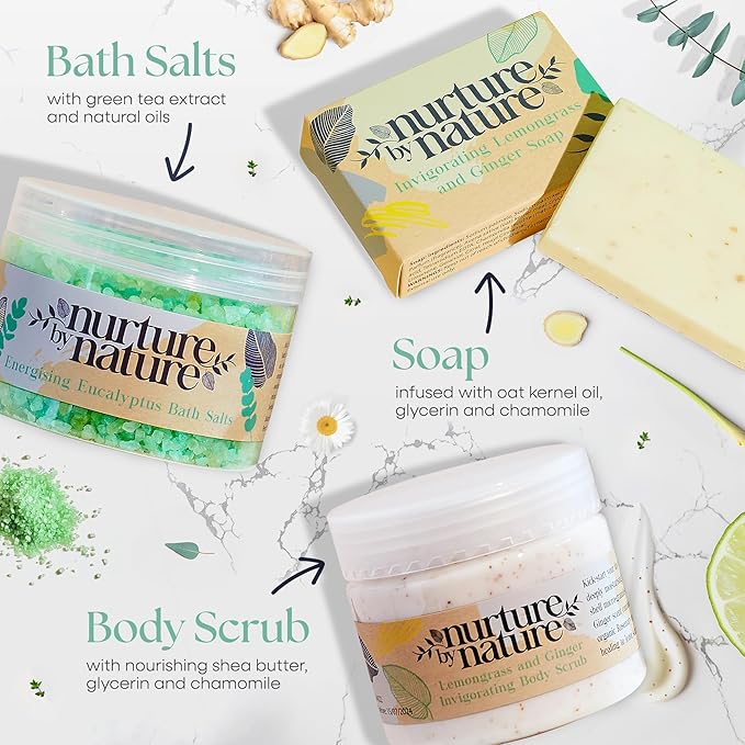 Nurture by Nature RELAX & UPLIFT Spa Kit for Women – Birthday Gifts for Women – 6 Piece Gift Basket with Hand Soap, Body Scrub, Hand Cream & More - Vegan Self Care Kit - Relaxation Gifts for Her