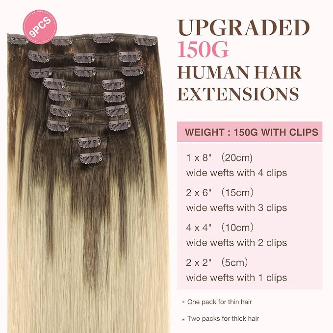 GOO GOO Clip in Hair Extensions Real Human Hair, Remy Human Hair Extensions Clip ins for Women, Natural Human Hair, 14inch 150g 9Pcs, 4/18 Balayage Chocolate Brown Highlighted Dirty Blonde