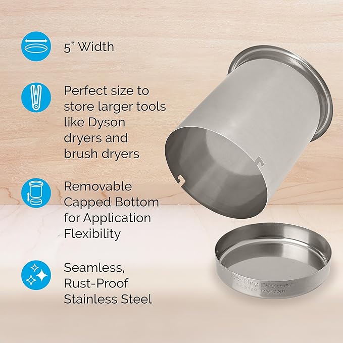 Docking Drawer 5" Stainless Steel Canister for Hot Tools, Capped Design, Safely Stow Styling Tools