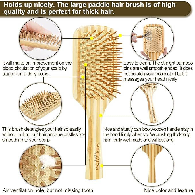 Bamboo Hair Brush Comb Set for Women Men, Wood Bristle Paddle Detangling Brush, Wide Tooth Comb for Curly Wavy Thick Thin Wet Dry Hair, Brush Cleaning Tool Included - 4 Pack