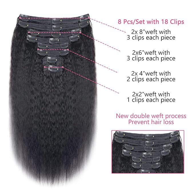 Kinky Straight Clip in Hair Extensions Real Human Hair Natural Black Double Weft Clip ins for Women 16 Inch 120g 8pcs Seamless Kinky Straight Clip on Extensions Human Hair