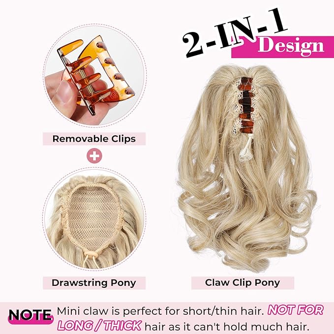 REECHO 9" Short Ponytail Extension, Classic Loose Curly Wavy Claw Clip Pony tails Hair Extensions HP001 Hairpieces for Women (Dirty Blonde)