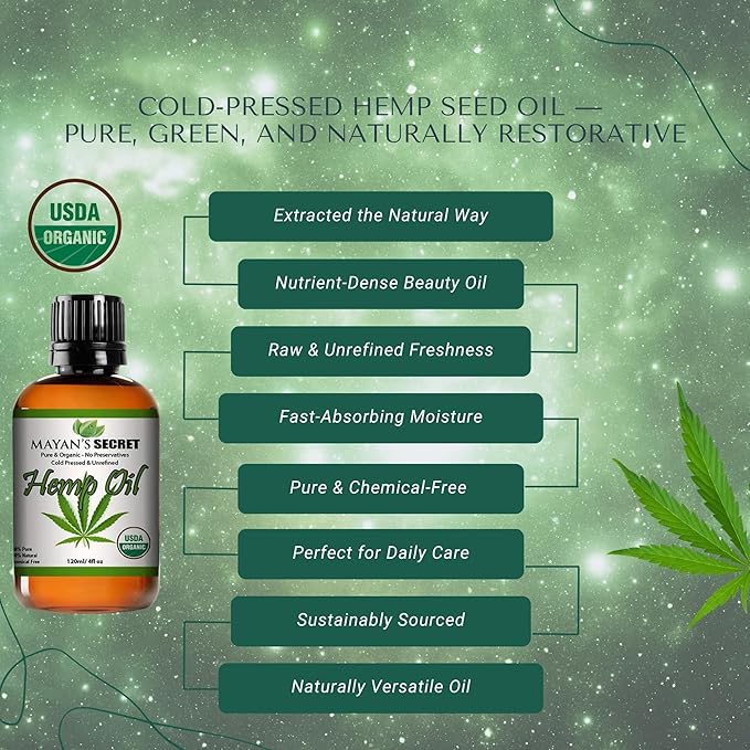 Mayan’s Secret 4fl oz Hemp Seed Oil Organic USDA Certified Glass Bottle with Drpper for Skin Care Hair Care Body Massage
