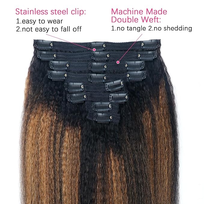 Kinky Straight Clip in Hair Extensions Real Human Hair For Women Highlight Hair Extensions Kinky Straight Clip ins (24inch,T1BP1B/30)