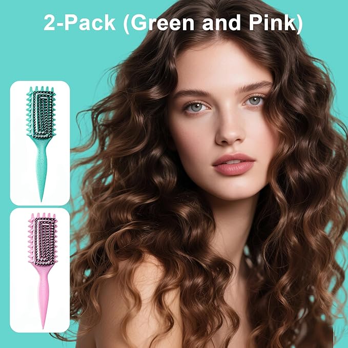 2-Pack Curly Hair Brush, Curl Defining Brush with Soft Boar Bristles Detangling Tangled Glides, Wide-Teeth Design Effortlessly Shaping & Defining Curls, Curling Definer for Wet & Dry Hair (Green Pink)
