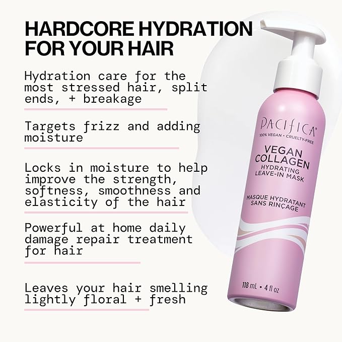 Pacifica Vegan Collagen Leave-In Repair Hair Mask – Leave-In Conditioner Treatment for Dry Damaged Hair, Hydrating Hair Repair Mask to Strengthen, Reduce Breakage & Split Ends Vegan & Cruelty-Free 4oz