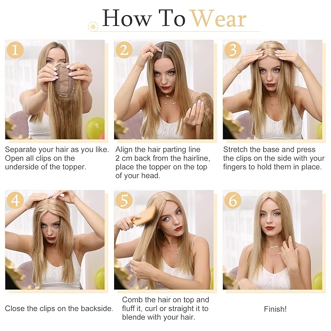 SEGO Human Hair Toppers for Women With Thinning Hair, 7 * 13CM Silk Base 100% Real Human Hair Clip in Top Wiglet Hairpieces -16 Inch No Bangs Ash Blonde&Bleach Blonde