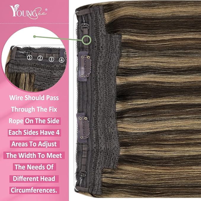 YoungSee 120G Wire Hair Extensions Highlight Invisible Wire Hair Extensions Real Human Hair Dark Brown Highlight Blonde Human Hair Headband Extensions Easy to Wear 18inch