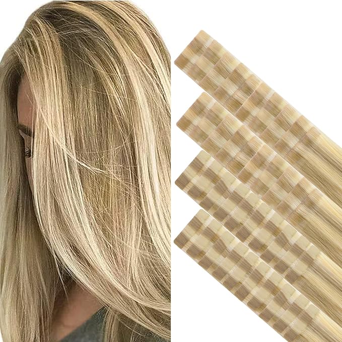 GOO GOO Invisi Edge Tape in Hair Extensions Human Hair, 16/22 Light Blonde Highlighted Golden Blonde 20pcs injected with 20pcs classical tape ins, 24inch 100g, Virgin Remy Hair, Natural Look
