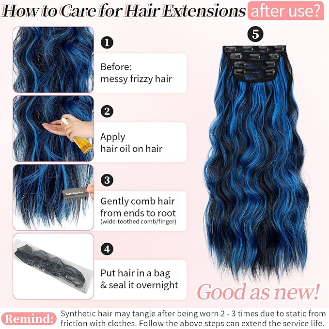 KooKaStyle Clip in Long Wavy Synthetic Hair Extension 24 Inch Blue - Black Streak 4PCS Thick Hairpieces Fiber Double Weft Hair for Women
