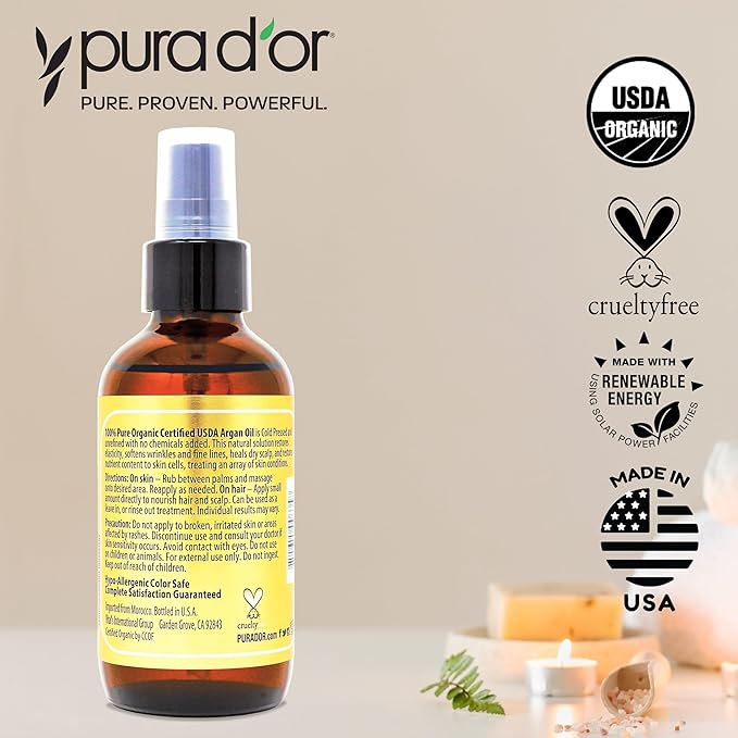 PURA D'OR 4 Oz Organic Moroccan Argan Oil – 100% Pure Cold-Pressed Virgin Grade – Lightweight Moisturizer for Skin, Face, Body & Hair – Helps Dry Skin, Scalp Care, Split Ends, Nails & Cuticles