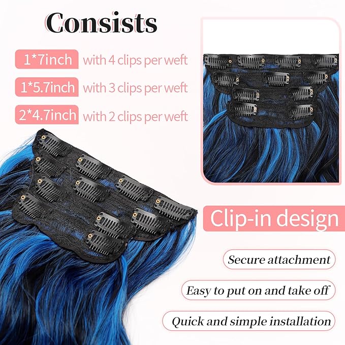 KooKaStyle Clip in Long Wavy Synthetic Hair Extension 24 Inch Blue - Black Streak 4PCS Thick Hairpieces Fiber Double Weft Hair for Women