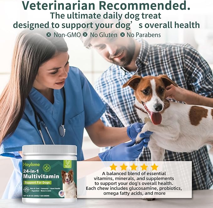 Dog Multivitamin, Glucosamine Chondroitin for Dogs, Dog Vitamins and Supplements, Probiotics, Krill Oil for Hip & Joints, Skin, Coat, Immune Health, Heart, Digestion (120 Chews, Chicken)
