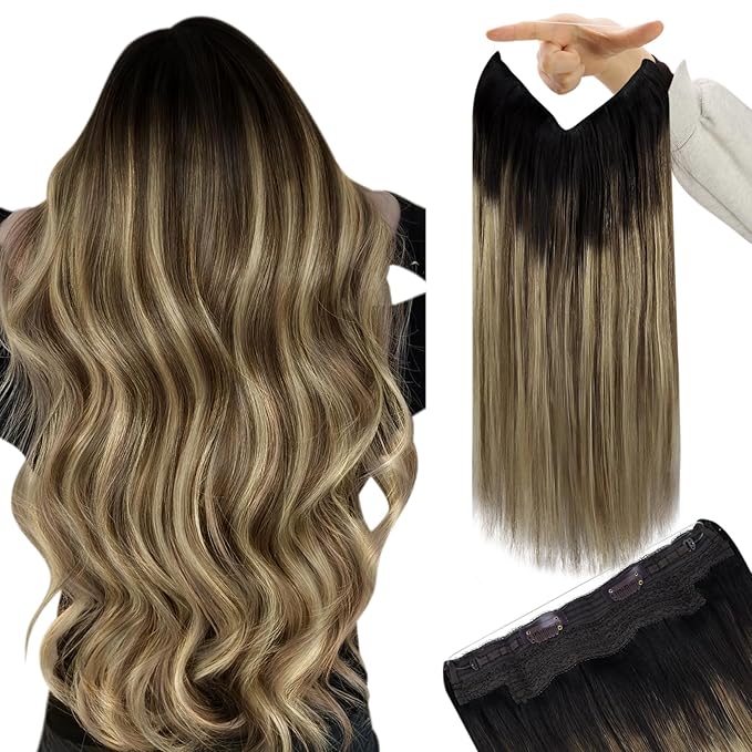 YoungSee Invisible Wire Hair Extensions Balayage Brown to Blonde Human Hair Extensions Wire Dark Roots to Medium Brown with Warm Blonde Highlights Fish Line Extension Hair for Women 20In 100G