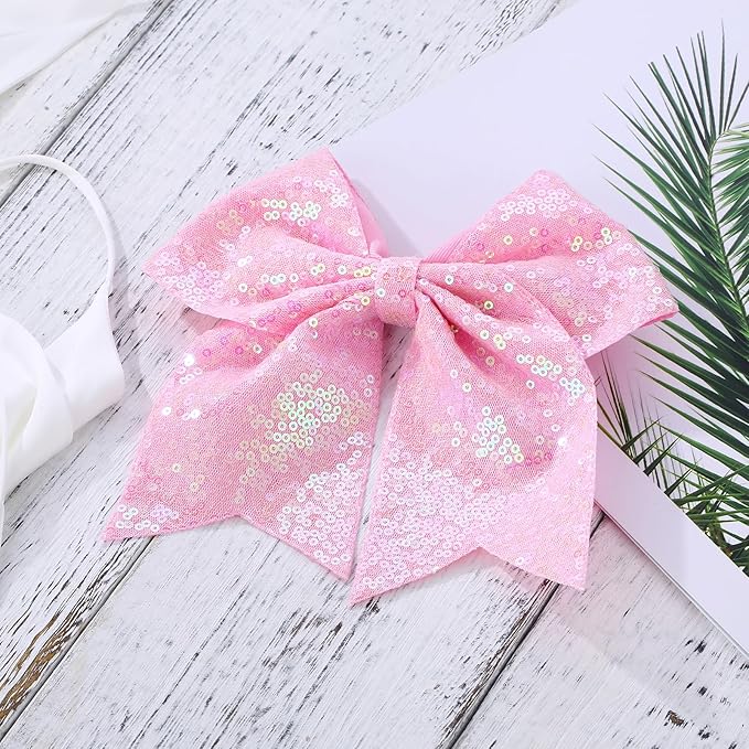 Large Big 7 Inch Glitter Bow Clip Sequin Bling Party Hair Accessories for Women Teens Girls Kids 2 Pcs (Pink, Light Purple)