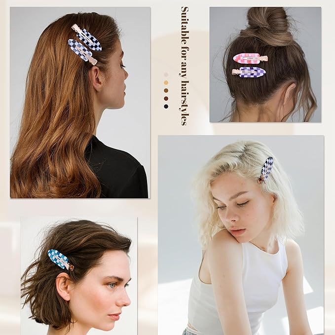 No Crease Creaseless No Bend Hair Clips For Styling Non Slip Flat Clips For Makeup Hair Accessories For Women,Checkerboard Multiple Colors,12 PCS