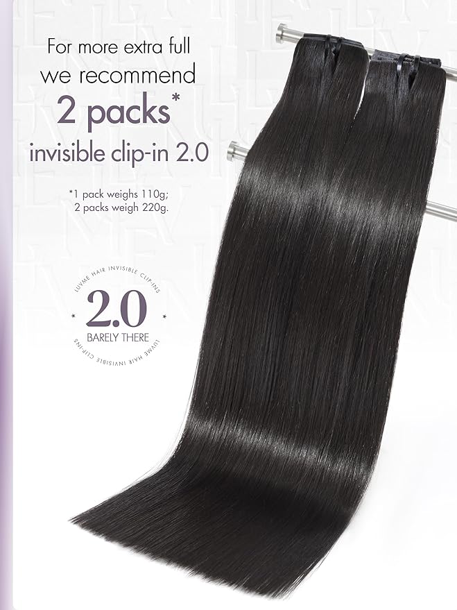 LUVME Invisible Clip in Hair Extensions, Silky Straight 24 Inch 2 Pack 220g 12pcs Human Hair Invisible Clip ins Hair Extensions Natural Black Hair for Women