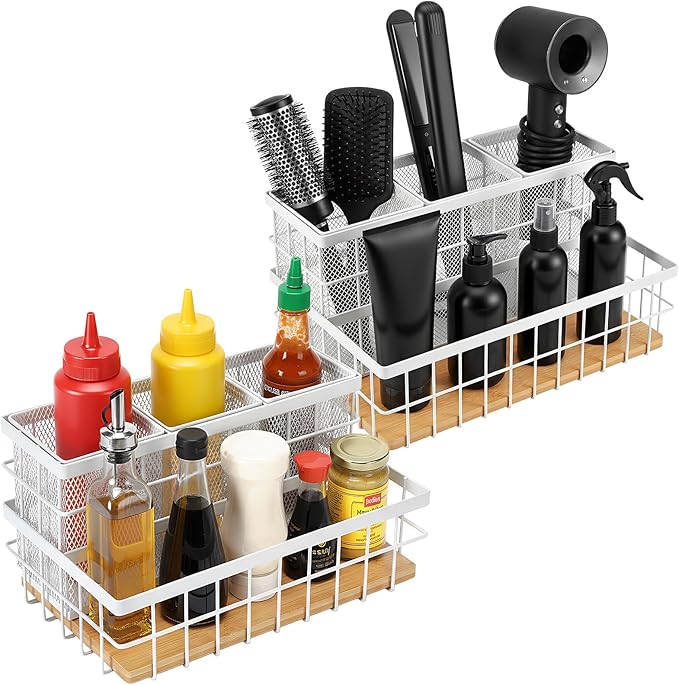 2 Pcs Hair Tool Organizer Countertop Breathable Metal & Bamboo Hot Tools Organizer Under Sink Bathroom Hair Dryer Holder Countertop Brush Comb Holder,Makeup Tray (Natural Bamboo,White)