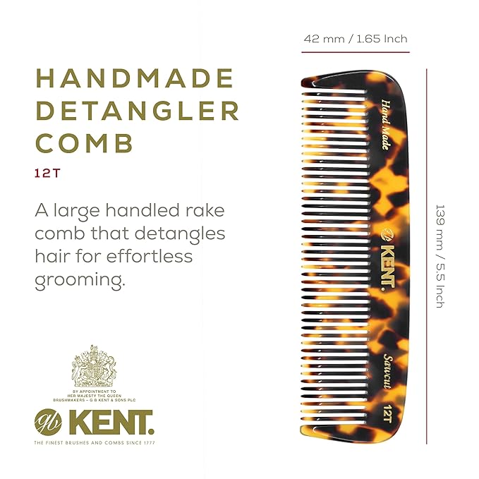 Kent 12T TY Pocket Comb - Handmade Wide Tooth Hair Comb for Men, Women, and Kids - Travel, Beard, and Mustache Comb - Saw Cut and Hand Polished Made in England