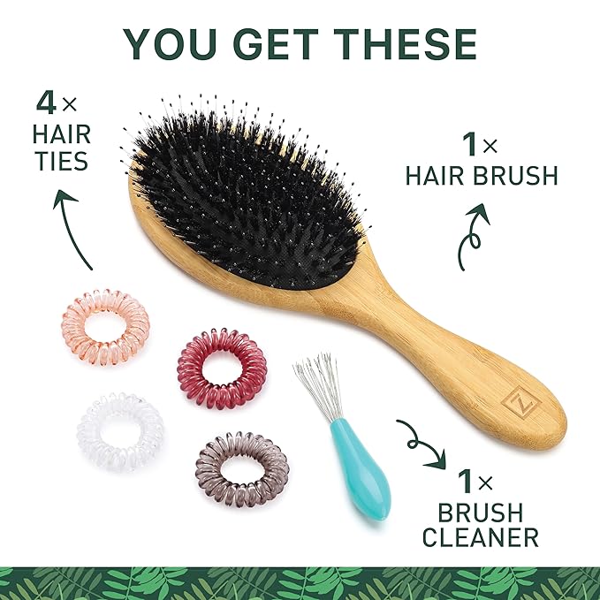 Natural Boar Bristle Hair Brush for Women, Men, Kids; Dry and Wet Detangling Hair Brush Gently Enhances Shine, Smooths Frizz and Prevents Breakage in Fine and Straight, Thick and Curly Hair (oval)