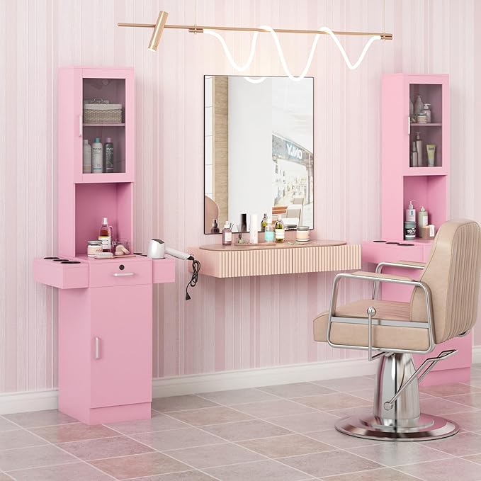 Salon Station for Hair Stylist,Hair Styling Storage Cabinet with Glass Door,Tool Dryer Holders, Salon Beauty Spa Barber Hair Staion, Pink