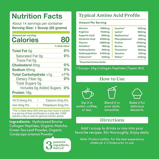 Further Food Matcha Collagen Peptides Powder - Organic Matcha & Cordyceps for All Day Energy, Mental Clarity & Immunity & Premium for Gut Health, Joints, Skin, Hair & Nails 10.62 oz