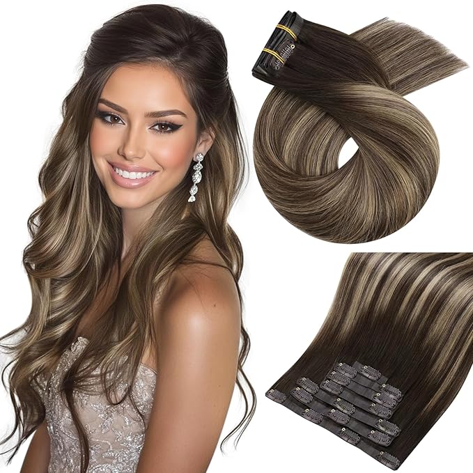 Moresoo Seamless Clip in Hair Extensions Real Human Hair Dark Brown to Caramel Blonde Ombre Human Hair Clip in Extensions Brown to Blonde Balayage Invisible 120g/7pcs 16 inch