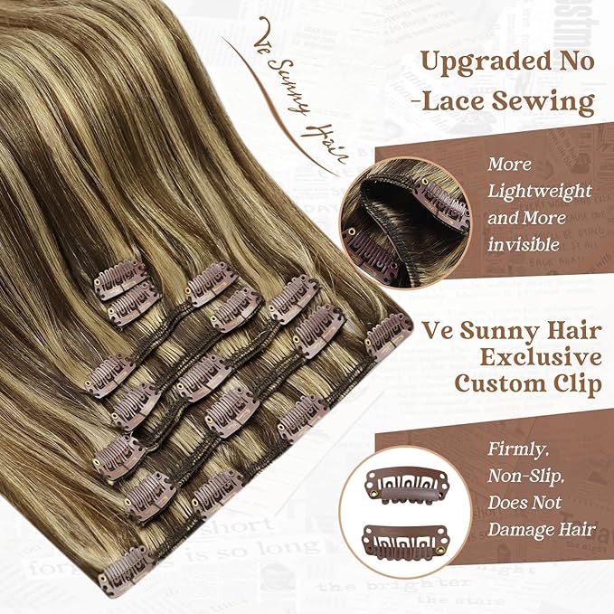 Ve Sunny 24 inch Hair Extensions Clip in Long Straight Real Hair Extensions Clip in Human Hair Dark Brown mit Blonde Clip in Hair Extensions 24Inch