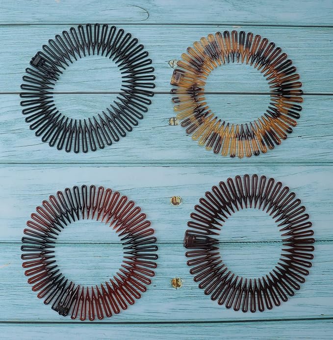 Sowaka 4 Pcs Circular Stretch Comb Plastic Black Brown Circle Spring Headband Flexible Hair Wrap Holder Hair Comb for Women Girls Outgoing Sports Hair Accessories (Round - Multi Color)