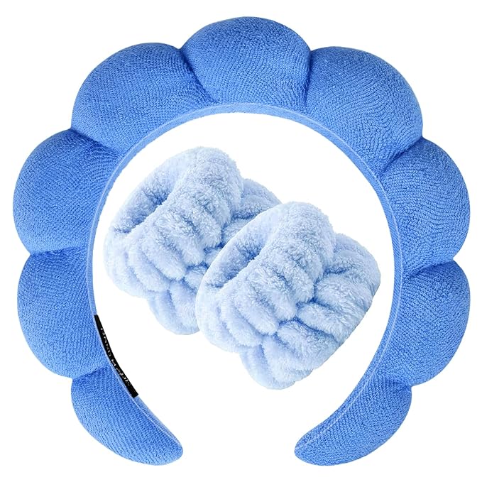 Zkptops Spa Headband for Washing Face Wristband Set Sponge Makeup Skincare Terry Cloth Bubble Soft Get Ready Hairband for Women Girl Puffy Padded Headwear Non Slip Thick Hair Accessory(Dark Blue)
