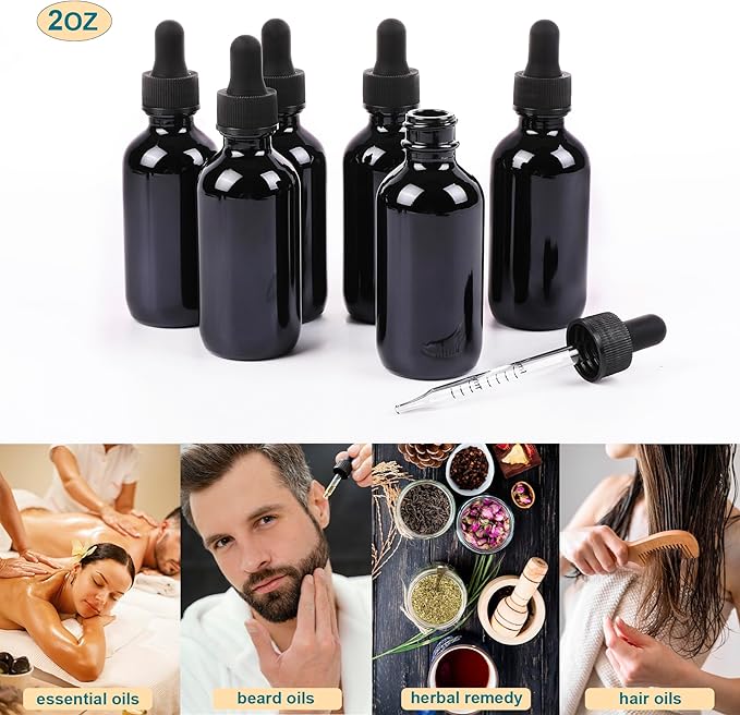 2oz Glass Dropper Bottle,Preety Texture Tincture Bottles with Precise Scales Eye Droppe,for All Kinds Of Mixed Liquids,Leak-Proof Design for Easy Travel (Black-48Pack)