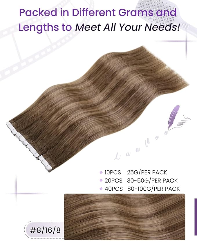 LaaVoo Tape in Hair Extensions Human Hair Balayage Light Brown to Ash Brown Hair Extensions Tape in Real Human Hair Tape on Hair Extension for Women 12 inch 30g 20pcs