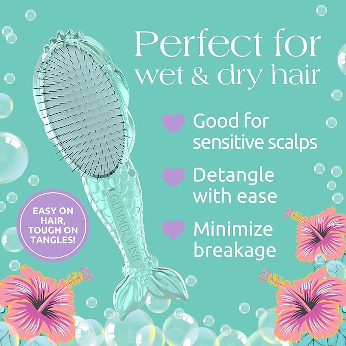Glimmer Wish Mermaid Detangling Hair Brush for Kids - Anti Frizz and Anti Static - Soft and Long Bristles to Detangle With Ease - Gentle on Hair Kids Hair Brush
