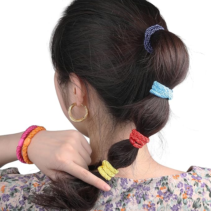 Bracelet Hair Ties for Women Girls, Funtopia 30 Pcs Colorful Elastics Hair Bands Ponytail Holders for Thick Hair, No Metal No Damage Soft Hair Ties with Bead, Bulk Set