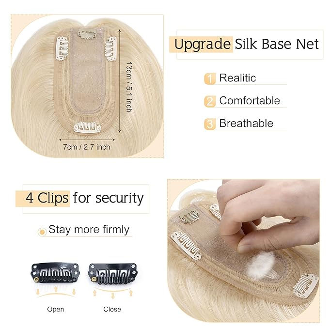 SEGO Human Hair Toppers for Women With Thinning Hair, 7 * 13CM Silk Base 100% Real Human Hair Clip in Top Wiglet Hairpieces /12 Inch No Bangs Platinum Blonde