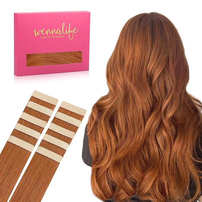 WENNALIFE Tape in Hair Extensions Human Hair Dirty Ginger Tape in Extensions, 10pcs 20g 10 inch Remy Invisible Tape Ins Straight Colored Soft Real Human Hair Tape in Extensions Refill Set Extensions