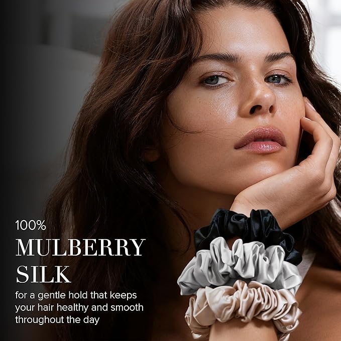 SLIP 100% Pure 22 Momme Mulberry Silk Scrunchies for Women - Back to Basics Assorted Style - Hair-Friendly + Luxurious Elastic Scrunchies Set (3 Count - Silver)