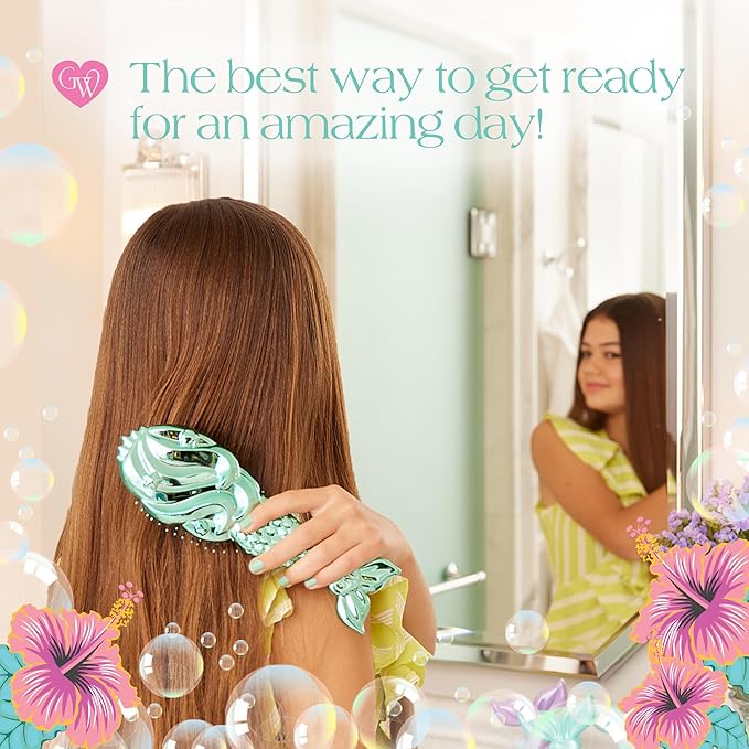 Glimmer Wish Mermaid Detangling Hair Brush for Kids - Anti Frizz and Anti Static - Soft and Long Bristles to Detangle With Ease - Gentle on Hair Kids Hair Brush