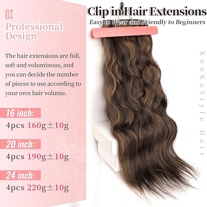 KooKaStyle Clip in Synthetic Hair Extensions Long Wavy 4PCS Thick Hairpieces Balayage Dark Brown to Chestnut Fiber Double Weft Natural Hair Extensions 16 Inch for Women