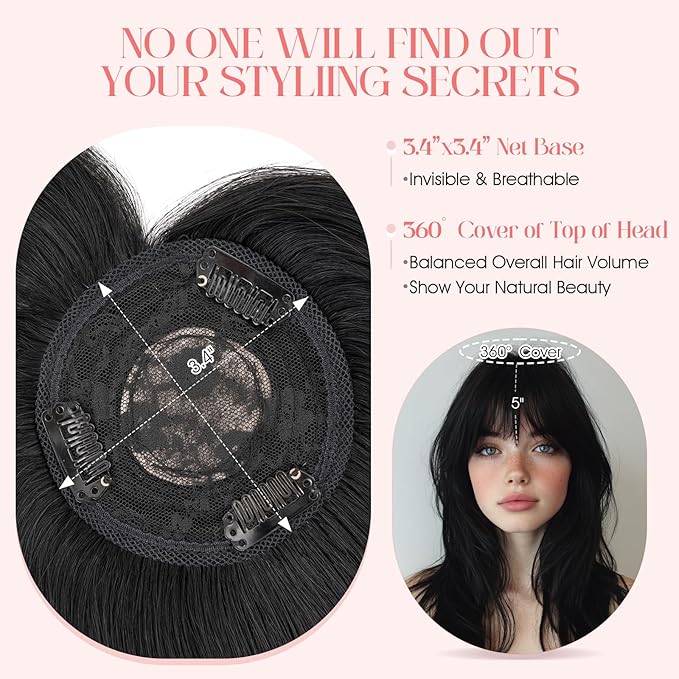 Hairro Mono Hair Toppers with Bangs, 3.4" x 3.4" Mono Base 100% Real Human Hairpieces for Women, 150% Density Clips In Topper for Greyish Thinning Hair, 20 Inch Jet Black