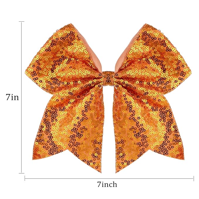 Large Glitter Cheer Bows Clips, Jumbo Big 7 Inch Cheerleading Sequin Hair Bow Hair Accessories for Teens Girls Football Sports Cheerleader Outfit Uniform (Bright Orange)