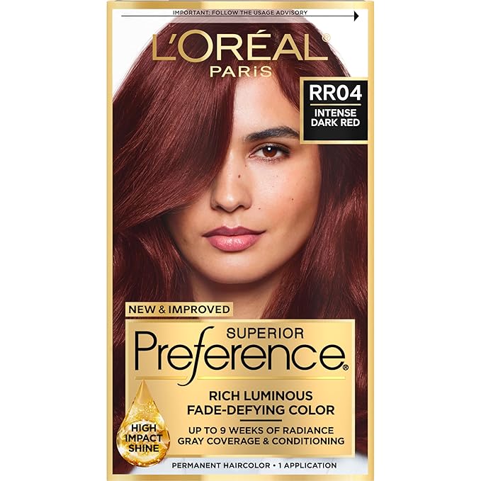 L'Oreal Paris Superior Preference Luminous Fade-Defying Permanent Hair Color, Hair Dye For Up to 9 Weeks of Radiance, Intense Dark Red RR-04, 1 Hair Dye Kit