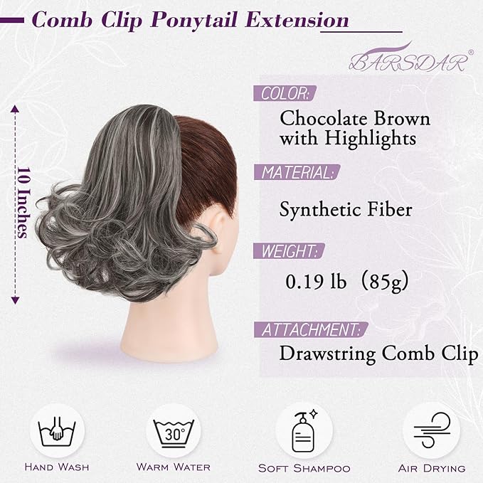 BARSDAR Drawstring Comb Clip Ponytail Extension - 10 Inch Short Wavy Clip in Ponytails Hairpieces for Women - Synthetic Gray Ponytail Extensions Fake Pony Tails - Dark Brown Mix Gray