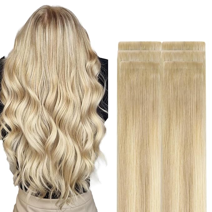 GOO GOO Invisi Edge Tape in Hair Extensions Human Hair, 18ET90A Natural Blonde Balayage, 6pcs 24inch 18g, Virgin Remy Hair, Seamless Injected Tape, Natural Look