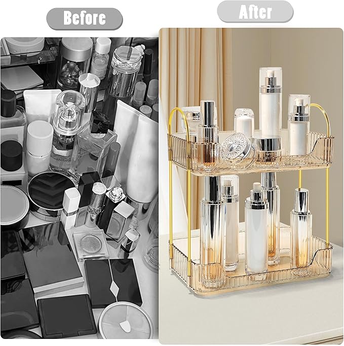 Bathroom Counter Organizer Countertop Storage Skincare Countertop Makeup Organizer Cosmetics Skincare Organizers Holder for Perfume-Amber-golden pole